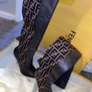 Fendi FF Motif Thigh High Heel Boots